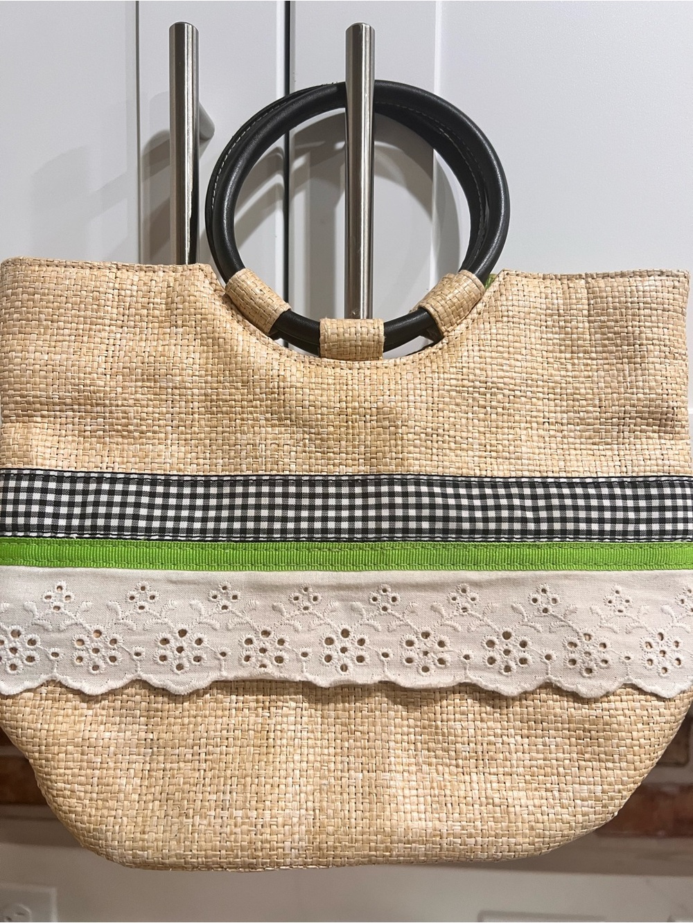 Victoria’s Secret Woven Straw Tote Bag with Black Ring Handles and Green Trim